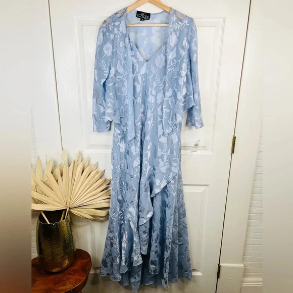 Alex Evenings Hydrangea Blue High-Low Gown V Neck with Jacket Sz 12 3/4 Sleeve - Picture 2 of 11